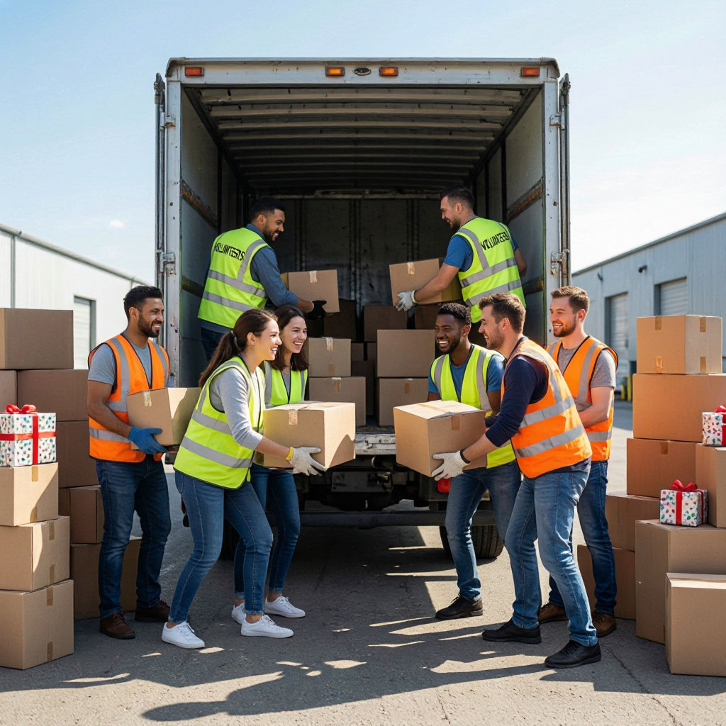 Volunteers loading donation boxes into a truck