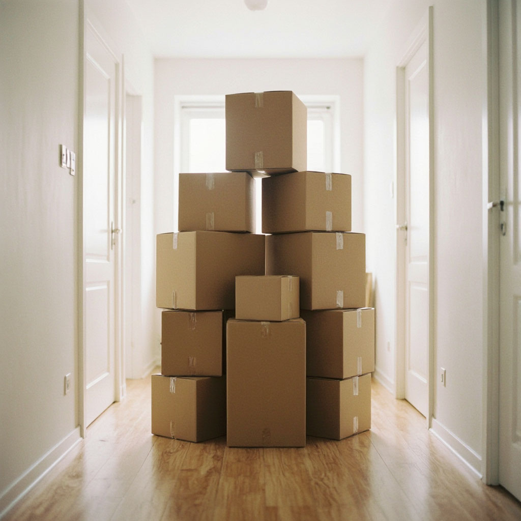 Moving boxes stacked neatly in a bright apartment hallway