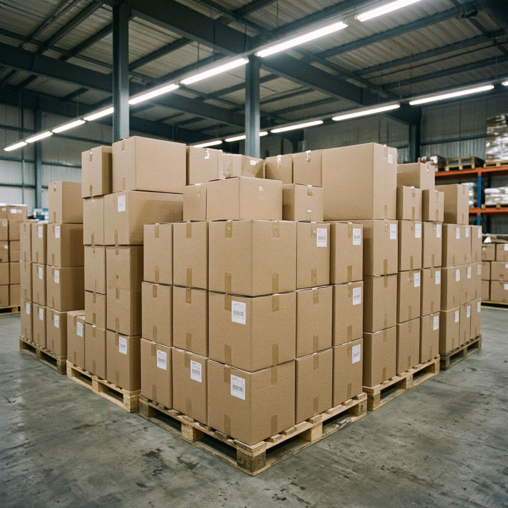 Warehouse with neatly stacked moving boxes
